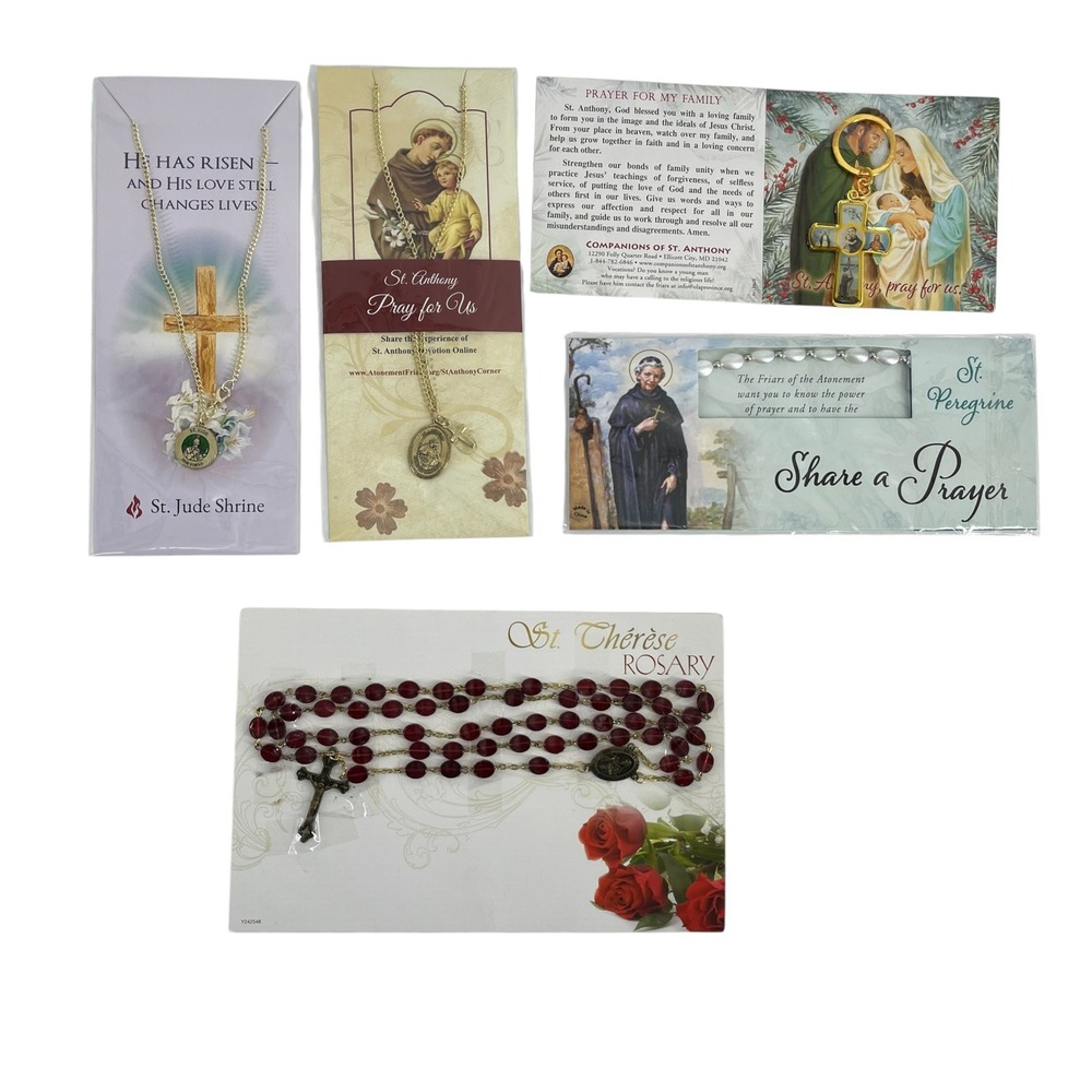 Catholic Devotional Lot St Jude St Anthony St Therese Rosary Necklace Keychain